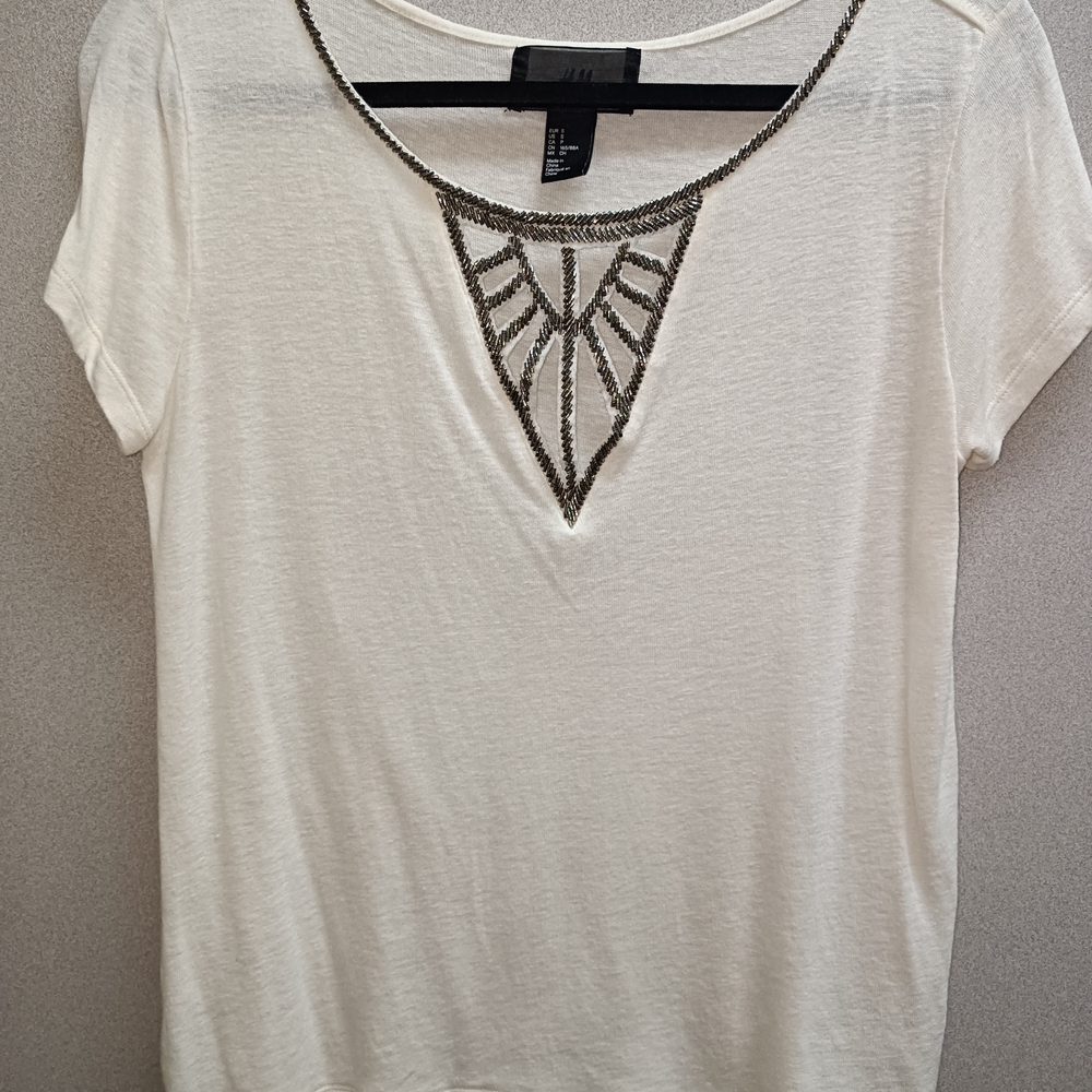 H&M Womens Ivory linen viscose blouse V Neck HM top Sz small with embroidered